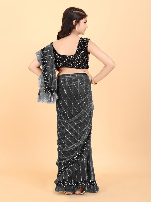 Image of Kids Supernet Tikli Work Ready to Wear Saree with Unstitched Blouse Piece | Traditional Ethnic Saree for Girls | Pre Stitched Festive Dress for School Function, Cultural Events & Wedding