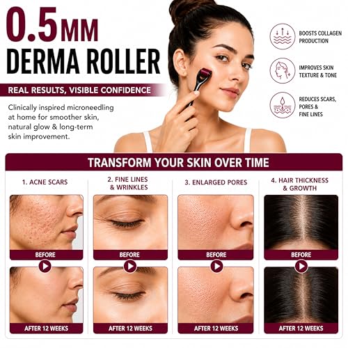 Image of Crescent Premium Derma Roller with 540 Titanium Micro Needles for Beard Regrowth| Hair Regrowth|facial Rejuvenation| Reducing Rrinkles and Stratch Marks| Size: 0.5 Mm|Men & Women| Black| Pack of 1