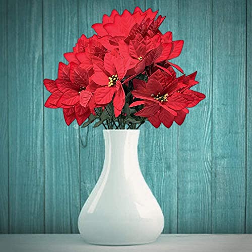 Banberry Designs Poinsettia Flower Picks Set Of 4 Bunches 7 Flowers Each - Approximately 11" H Red Floral Christmas Decorations #TOP2