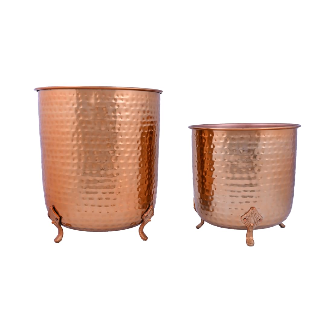 GLOBEDECOR Set of 2 Copper Hammered Planter Pots with Raised Feet,12″ & 9″ Rustic Indoor/Outdoor Decorative Metal Plant Containers for Home, Patio &