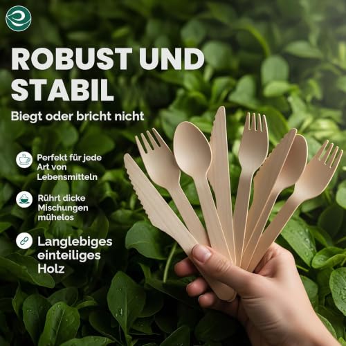 ECO SOUL 100% kompostierbares Einwegbesteck aus Holz (175 teiliges) | Set mit 75 Gabeln, 50 Löffeln & 50 Messern | Biologisch abbaubares, plastikfreies Besteck für BBQ, Party, Picknick & Hochzeit