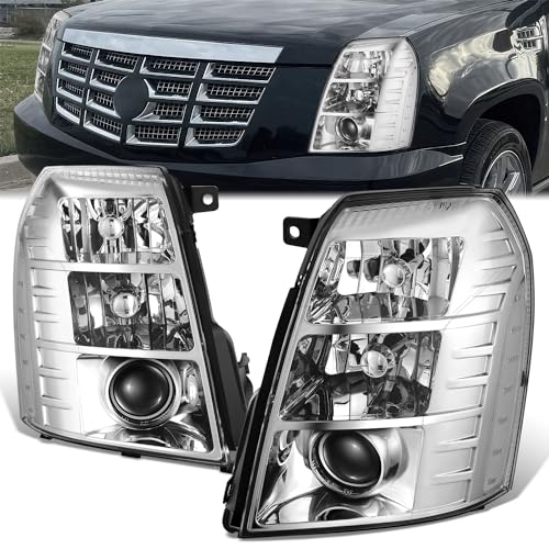 D SOLUTIONS Headlights Assembly Compatible with 2007-2014 Escalade ESV EXT Left Right Factory Style Headlamps with Projector Beam Chrome Housing Clear Corner GM2502291 GM2503291 15916967 15916968