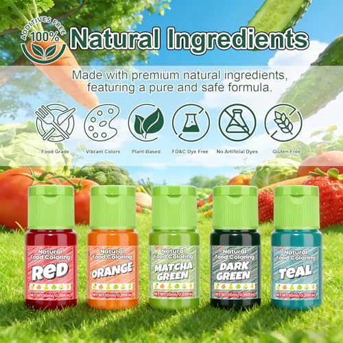 Image of Natural Food Coloring - 15 Vibrant Colors Food Coloring Set, Food-Grade, Non-GMO, FD&C & Artificial Dye Free Natural Liquid Food Dye Set for Baking, Cake Decorating, Frosting, Icing, Fondant, Cookies, DIY Slime - 10ml (0.35fl oz) /Bottles