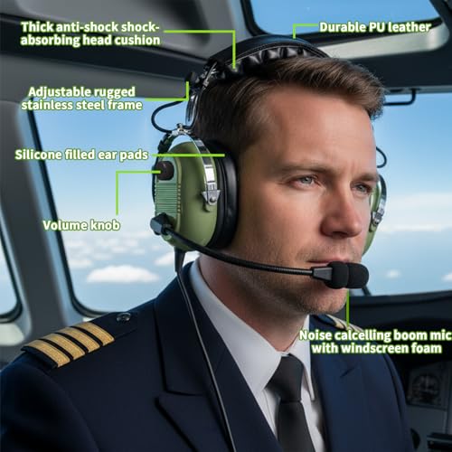 Image of WODASEN Aviation Pilot Headset for Students Flight School Passive Noise Canceling Aircraft Headphones with Boom Mic