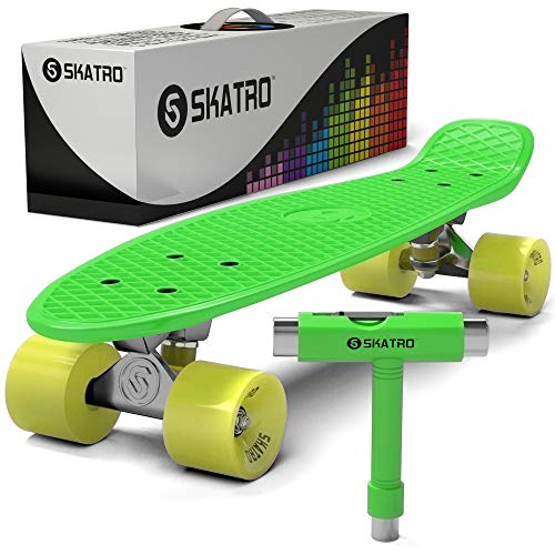 Skatro - Mini Cruiser Skateboard. 22x6inch Retro Style Plastic Board Comes Complete Green Chameleon