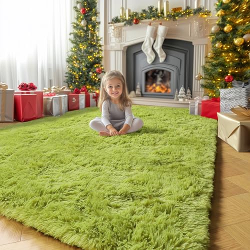 Grass Green Rugs for Bedroom Fluffy Shag Area Rug 4x6 for Kids Room Living Room Baby Nursery Decor Aesthetic Cute Furry Cool Shaggy Throw Bedside Fuzzy Plush Moss Carpet for Dorm Classroom Playroom