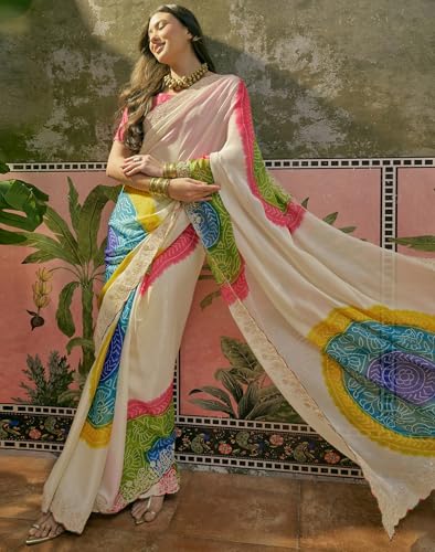 Image of SIRIL Women's Chiffon Scalloped Border Sequins Embroidery Saree with Unstitched Blouse Piece