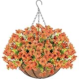 Der Rose Fall Autumn Artificial Mums Hanging Flowers Basket for Outdoors Fake Hanging Plants Fall Decoration UV Resistant for Home Garden Front Porch Patio Balcony Fall Decor(Orange)