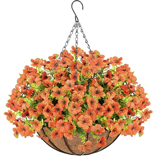 Der Rose Fall Autumn Artificial Mums Hanging Flowers Basket for Outdoors Fake Hanging Plants Fall Decoration UV Resistant for Home Garden Front Porch Patio Balcony Fall Decor(Orange)
