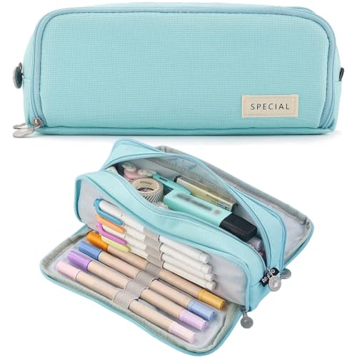 Image of MAMUNU Large Capacity Pencil Case, 3 Compartments Canvas Pencil Pouch with Zipper, Aesthetic Pencil Bag Pen Pouch for School Office Students Teen Girls Boys, Light Blue