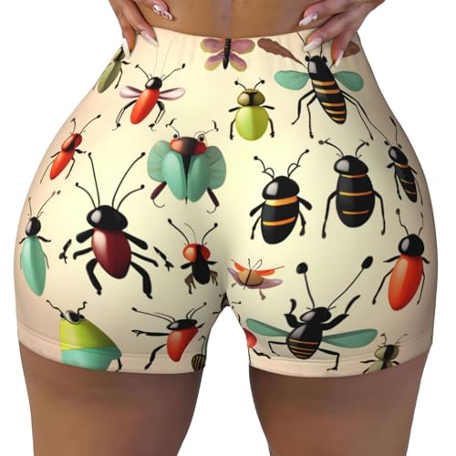 Cartoon Small Insects Pattern Sports Shorts, high Elastic Slim Fitness Pants, Suitable for Yoga/Leisure/Daily wear