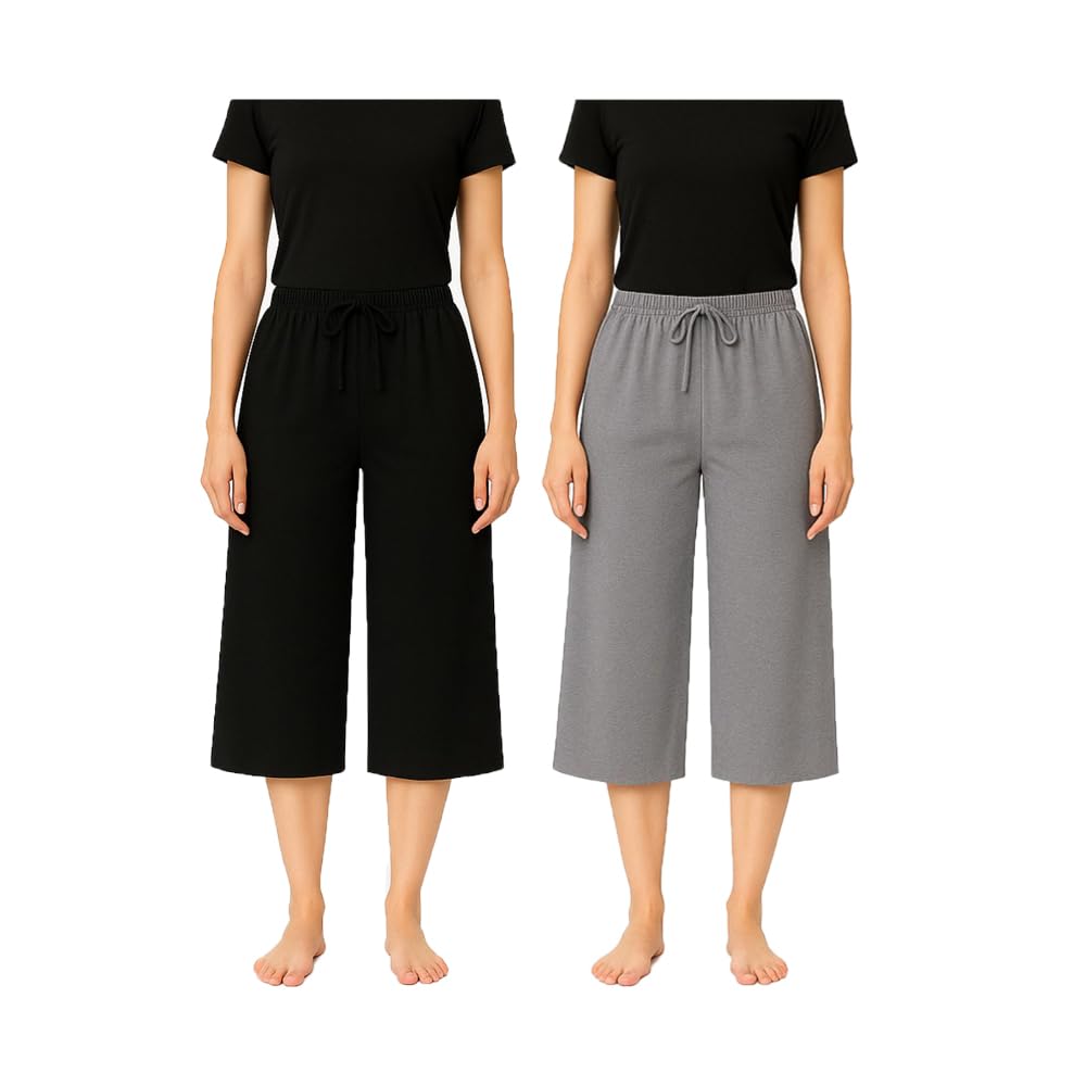 Womens Cotton Plain Loosefit Capri For Girls Pack Of 2 (Black,Grey)-picture-45