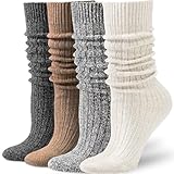 Pleneal 4 Pairs Slouch Scrunch Socks for Women, Long Slouchy Scrunchy Socks, Chunky Knee High Boot Sock