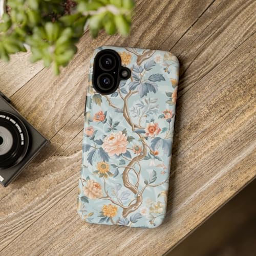 Coque rigide iPhone 16 Plus bleu mat motif fleurs asiatiques