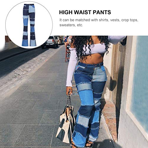 Calça jeans feminina de cintura alta SOIMISS com aplique flare e cintura alta com calça de sino, Azu