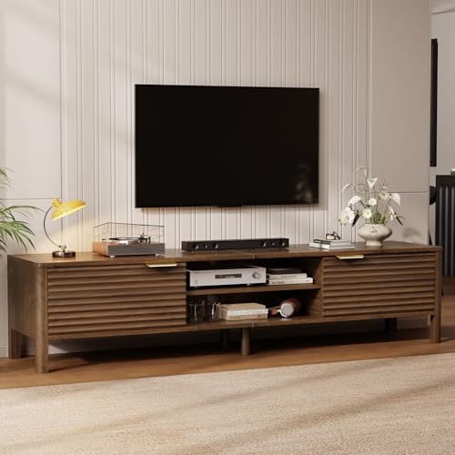 TV Stand for Living Room up to 80 Inch TVs Entertainment Center Walnut 71″ | Mid Century Modern Television Stands with Storage and Adjustable Shelves, Fluted Media Console Table