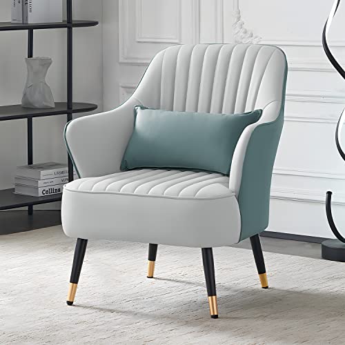 Monibloom Upholstered Accent Armchair For Living Room, Mid Century Modern Leatheraire Single Sofa Chair W/Lumbar Pillow For Reading, Metal Legs White/Cadetblue Contrasting Colors Chair For Bedroom #TOP1