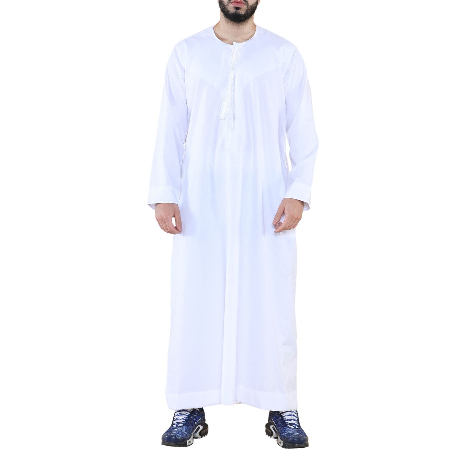 Truclothing Men's White Thobe Jubba Islamic Clothing Muslim Kaftan Emirati Omani Robe Arab Tassel - L - 56