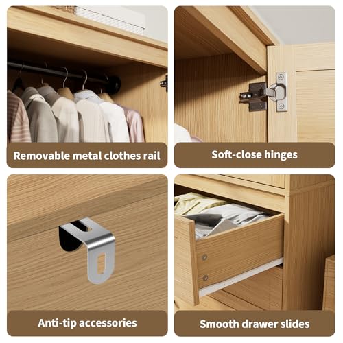 GarveeHome Armoire Wardrobe Closet with Drawers, 69.5 in Wooden Wardrobe Cabinet with Hanging Rod, 2 Doors Clothing Storage Cabinet for Bedroom, Large Capacity Storage, Louvered Door, Natural - Image 5