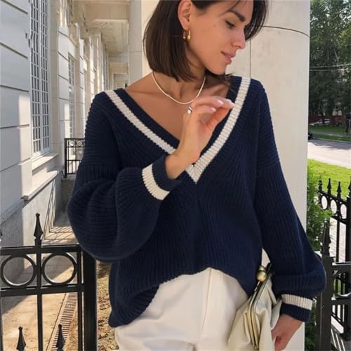 Womens Knit Sweaters Autumn Winter V-Neck Knit Pullovers Loose Fashion Solid Sweater3