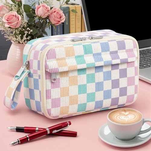 Image of WOBAGMEN Cute Pencil Case,Large Corduroy Zippered Pencil Case Pouch, aesthetic Pencil Bag with Compartments, Pencil Pouch School Supplies (Colorful checked)