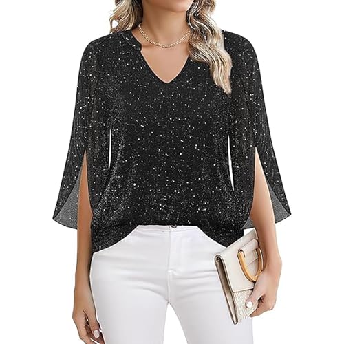 Shimmery Top Sequin Tops for Women Dressy V Neck Ruffle 3/4 Sleeve Sparkly Going Out Top Fall Womens Clothes 2026 Blusas De Verano para Mujer Wardrobe Capsule Woman Over 50 Black - image 4