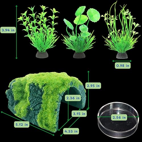 Image of Axolotl Hides for Aquarium with Feeding Dish and Fake Plants Set, Axolotl Cave with Green Plants, Aquarium Decor, Fish Tank Decorations, Turtle Tank Accessories (Cave+Plant+Feeding Dish, L)