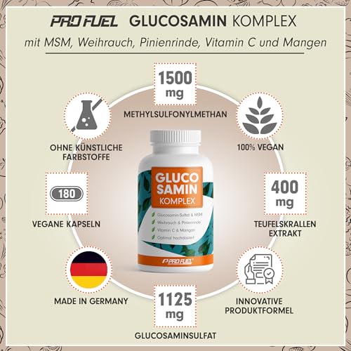 Glucosamin Komplex 180 Kapseln - innovative 10-in-1 Formel mit Glucosamin, MSM (Methylsulfonylmethan), Teufelskralle, Ingwer, Pinienrinde, Mangan & Vitamin C - laborgeprüft mit Zertifikat - 100% vegan