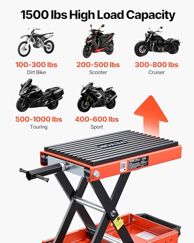 Image of VEVOR Motorcycle Lift, 1500 lbs Motorcycle Scissor Lift Jack with Wide Deck & Lock Pin, 4.13 inch-13.77 inch Center Hoist Crank Stand, Steel Scissor Jack for Street Bikes, Cruiser Bikes, Touring Motorcycles