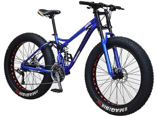 Kcolic Bicicleta Montaña 26 Pulgadas Y 21 Velocidades, Neumáticos Anchos, Cuadro Acero Alto Carbono, Suspensión Total, Freno Disco Doble, Ruedas 4 Pulgadas Grosor para Senderos Y Playa D,26in21