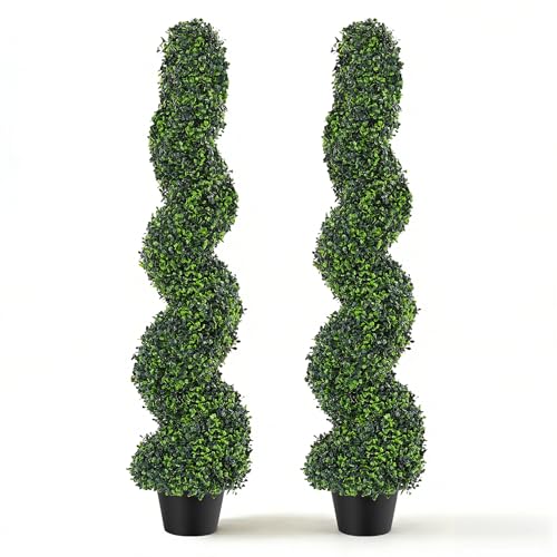 4FT Artificial Boxwood Spiral Topiary Trees Set of 2 UV Resistant Faux Evergreen Topiary Plants in Pots Outdoor Indoor Decorative Fake Boxwood Shrubs for Front Porch Patio Garden Home Decor