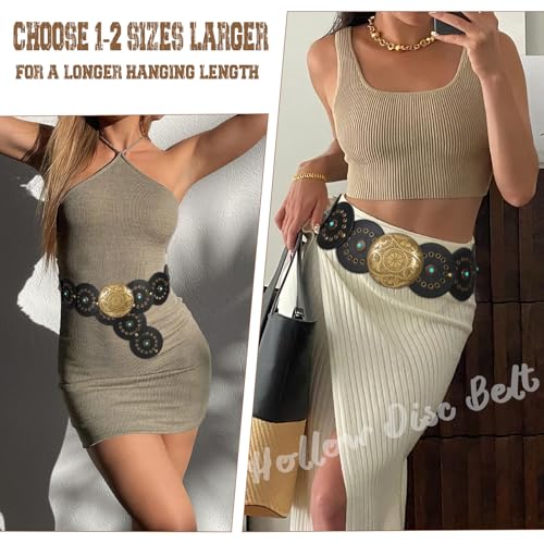 Image of XZQTIVE Western PU Leather Belts for Woman Concho Cowgirl Cowboy Disc Belt for Ladies Wide Boho Country Waist Belts for Dress