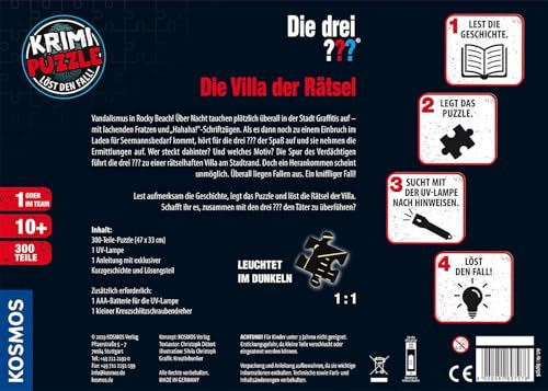 Die drei ??? - Krimi Puzzle - Die Villa der Rätsel von KOSMOS 697976, 300 Teile, Leuchtet im Dunkeln, mit UV-Lampe, Lesen, Puzzeln, Rätsel lösen, Detektiv Puzzle ab 10 Jahre