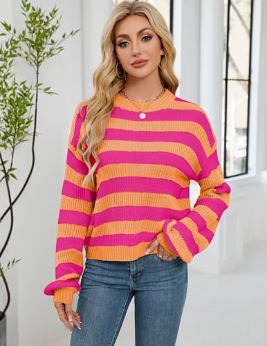 Image of Libsorge Womens Oversized Lightweight Cute Striped Cropped Sweater Spring 2025 Knitted Crew Neck Thin Crop Pullover Tops