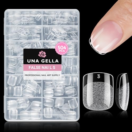 Image of UNA GELLA Short Square Nail Tips 504PCS Pre Etched Extra Short Soft Gel Fake Nails Tips for Women DIY Squoval Press On Nails Extension French Style Salon Full Cover Acrylic Tips 12 Sizes