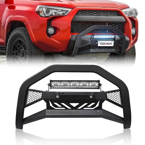 YZONA Bull Bar with License Plate Frame & LED Light Bar Compatible for 2010-2024 Toyota 4Runner Truck Grille Guard Brush Push Bar Front Bumper (Include Light Mount & Skid Plate)