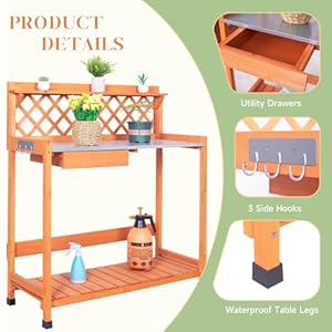 Outdoor Potting Bench & Wooden Gardening Work Station Planting Table with Metal Tabletop, Drawer, Storage, and Hooks Outdoor Potting Bench Wooden Gardening Work Station Planting Table with Metal Tabletop Drawer Storage and Hooks