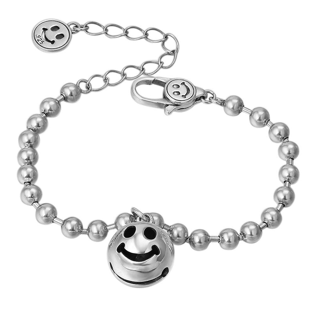 ForFoxSmiley Face Bracelet Real 925 Sterling Silver Ball Beads Link Bracelet Smile Bell Charm Bracelet for Women Girls 18+5 cm Extender
