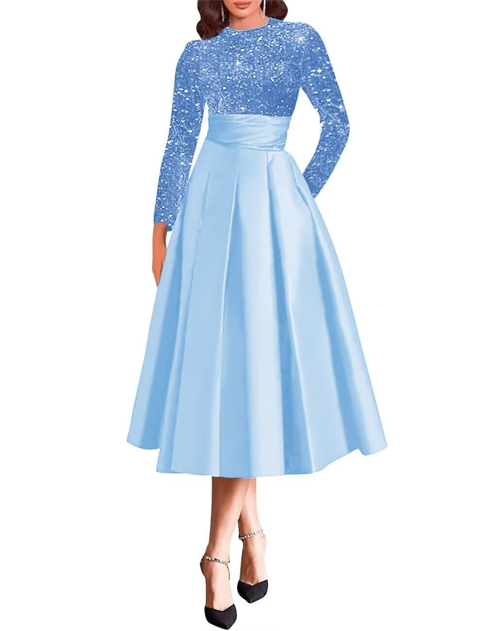 Sparkly Sequin Wedding Gown Long Sleeve Tea Length A Line Formal Dress Mother of The Bride Dresses for Women