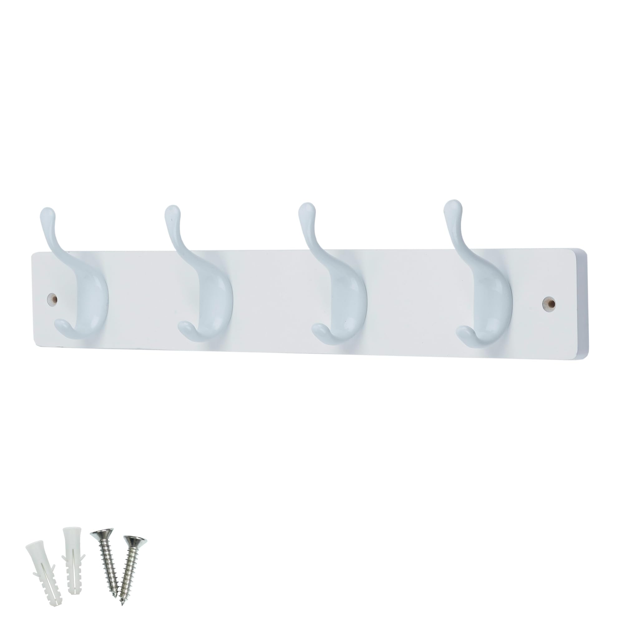 Keypak White / White 4 Gloss Coat Hooks On Wooden 46Cm Board - Modern Wall Door Mounted Coat Rack Clothes Hanger