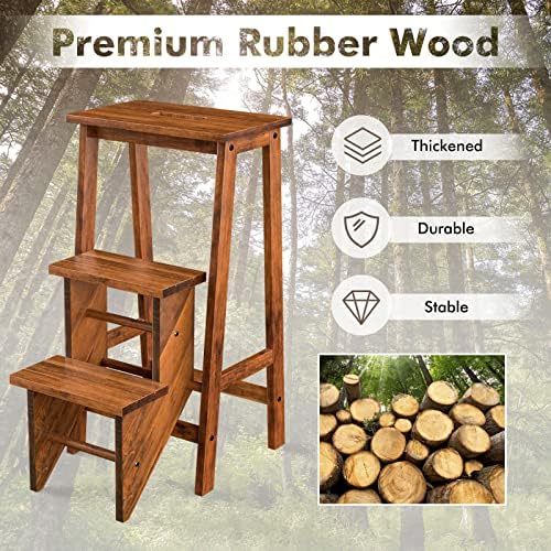 GYMAX Folding Step Stool, 3 Tier Multifunctional Wooden Stepladder Foot Stools with Carrying Handle, 3-in-1 Portable Ladder Flower Shelf for Home, Kitchen & Library (Coffee)