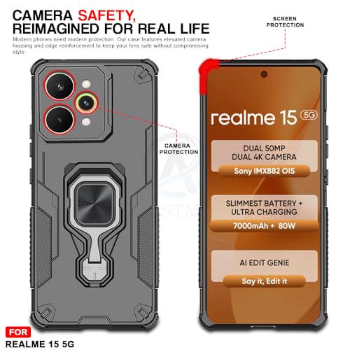 Image of AESTMO Armor Back Cover for Realme 15 5G / 15 Pro 5G | Ring Holder & Kickstand & Camera Protection in-Built | 360 Degree Protection Back Case Cover (Black