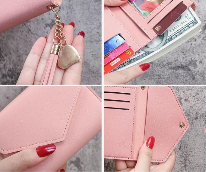 Wallet Women,Classic Envelope Faux Leather Wallet for Women with Metal Heart Charm and Tassel Lanyard, Zip Closure Slip Pocket and Credit Card Compartments, Wet Wipe Clean (Black)4