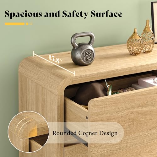Image of 5 Drawer Dresser for Bedroom, 50 inch Tall Modern Chest of Drawers with Rounded Corners & Anti-Tip Kit, Wood Dresser Storage, Cabinet Organizer with Drawer Slides for Closet, Nursery, Apartment, Light Oak