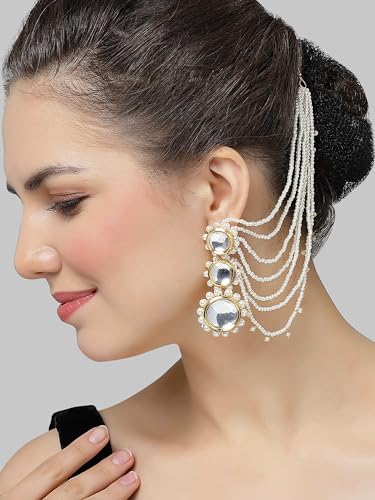Image of Karatcart Gold Plated Pearl Chain Kundan Kaanchain Earrings for Women