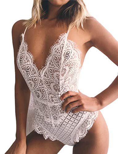 Sereney Femme Sexy Col V Transparent Babydoll Vêtement de Nuit Nuisettes Licou Erotiques Babydoll Sexy Dentelle Bodycon Blanc Medium