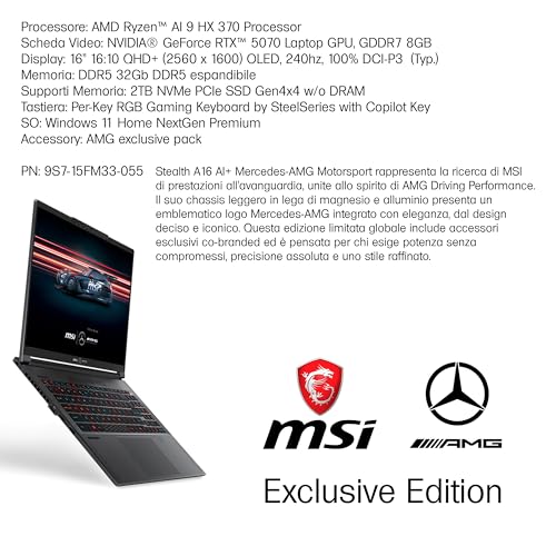 Notebook Stealth A16 Mercedes AMG AI+, DISPLAY 16? OLED QHD+ 240hz, AMD Ryzen AI 9 HX370, DDR5 32 Gb, GeForce RTX 5070, 2Tb SSD, Win11, lega di magnesio e alluminio, AMG exclusive pack, Italia - Notebook - Immagine 2