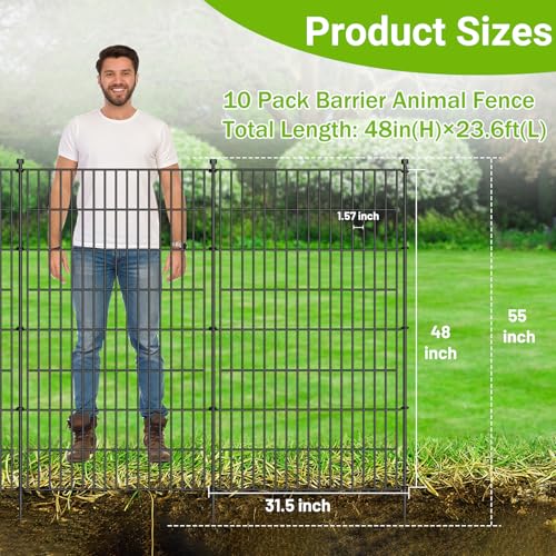 10 Panels No Dig Decorative Outdoor Garden Fence with Gate for Yard, 48 in(H) X 26.25ft(L) Animal Barrier Fencing Rustproof Metal Wire Panel Border for Dog, Rabbits, and Patio Temporary Ground Stakes - Thumbnail 2