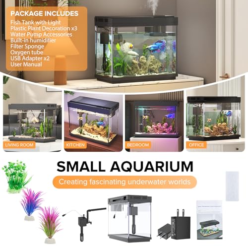 Image of Vehipa Fish Tank, 2 Gallon Fish Aquarium, Fish Tank Starter kit with 3 in 1 Quiet Pump Smart Humidifier, Temperature Display, 7-Color Lighting (Black)