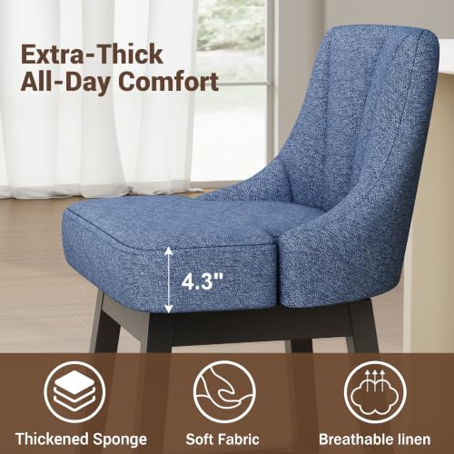 Image of YaFiti 26 inch Fabric Swivel Bar Stool 1 pcs with Back & Wood Leg, Navy Blue | Linen Fabric, Extra Upholstered Seat, Counter Stool, Square Solid Wood Legs, with Backrest & Footrest, for Kitchen Island Bar